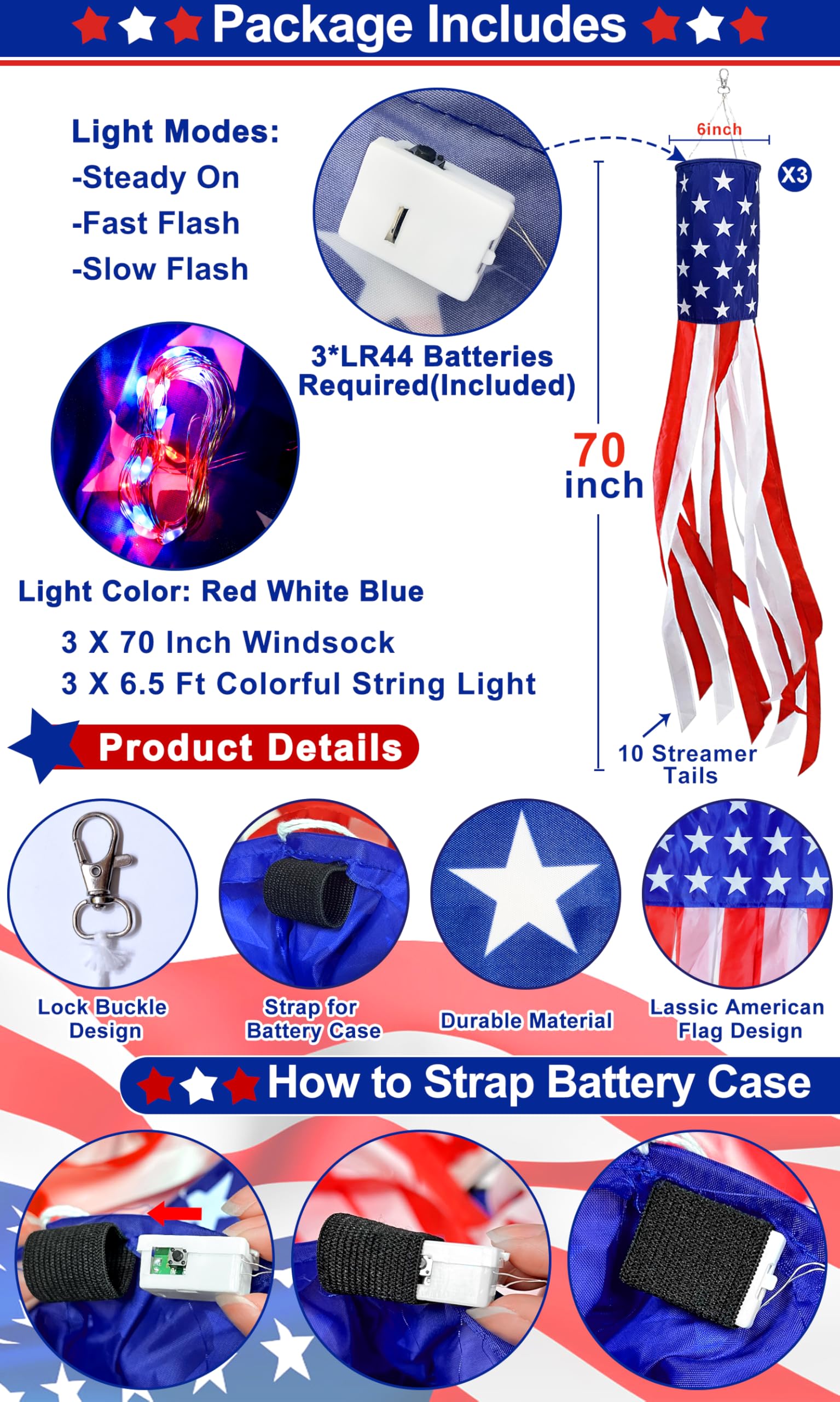TURNMEON patriotic windsock with star stripes enhances Independence Day curb appeal.