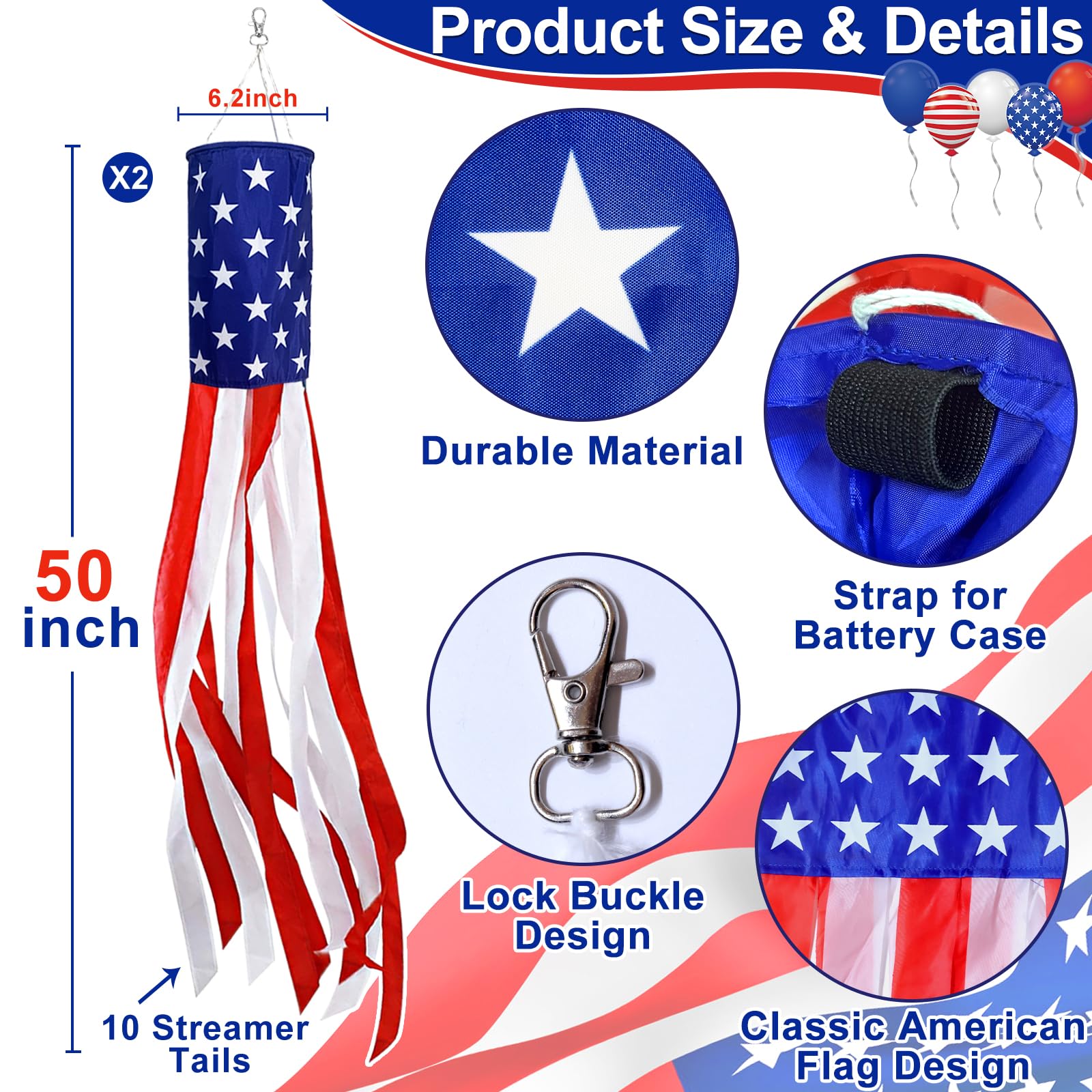 TURNMEON patriotic windsock with stars and stripes and festive lighting.