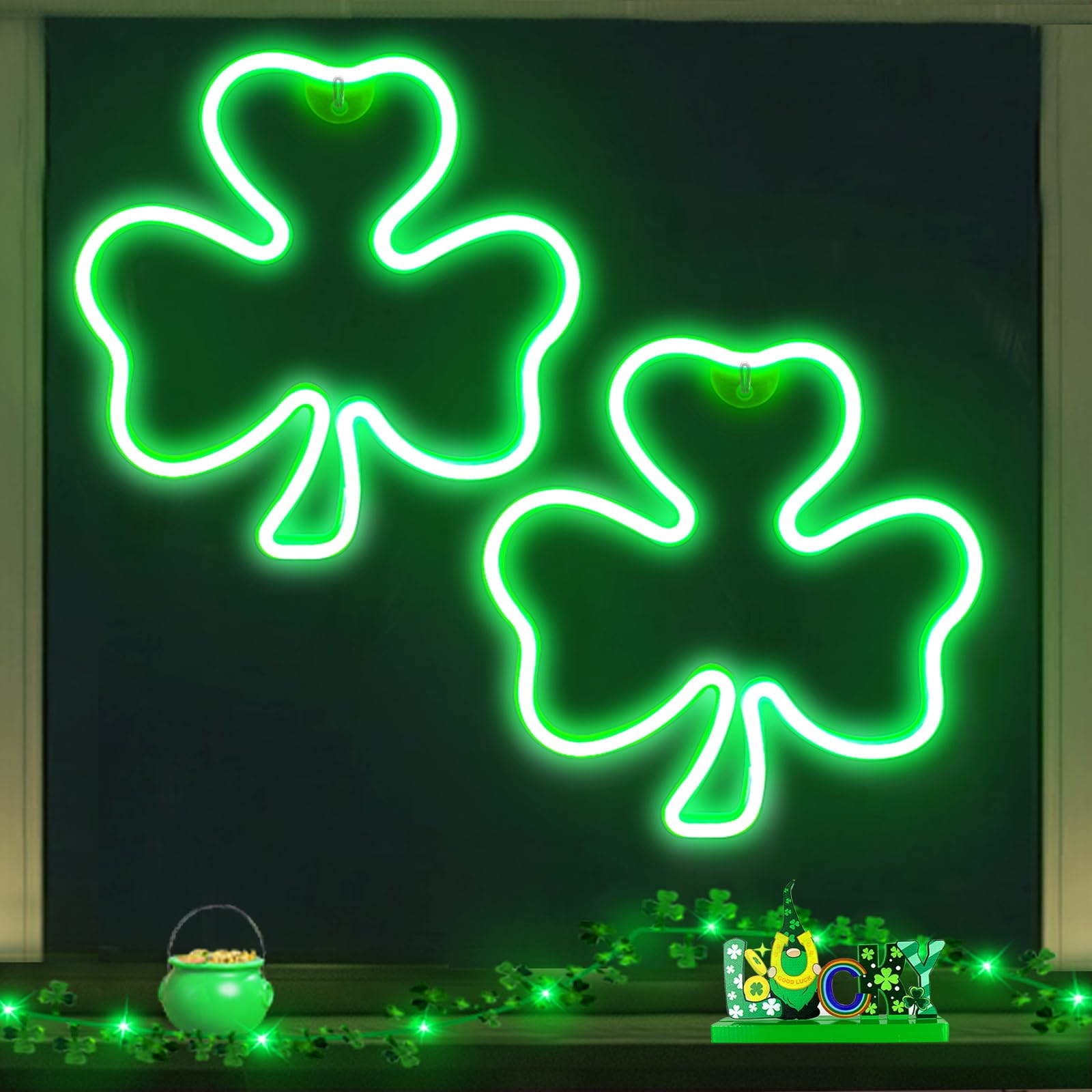 Turnmeon shamrock neon sign glow close-up with vibrant green light