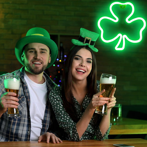 Shamrock neon signs glow for indoor parties and cozy nights