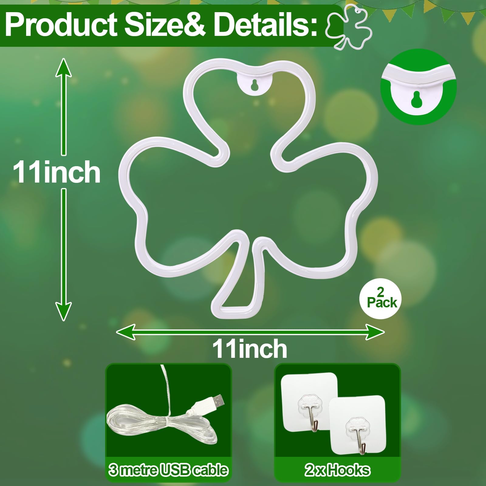 Two-pack Turnmeon shamrock neon signs mounted on wall for festive display