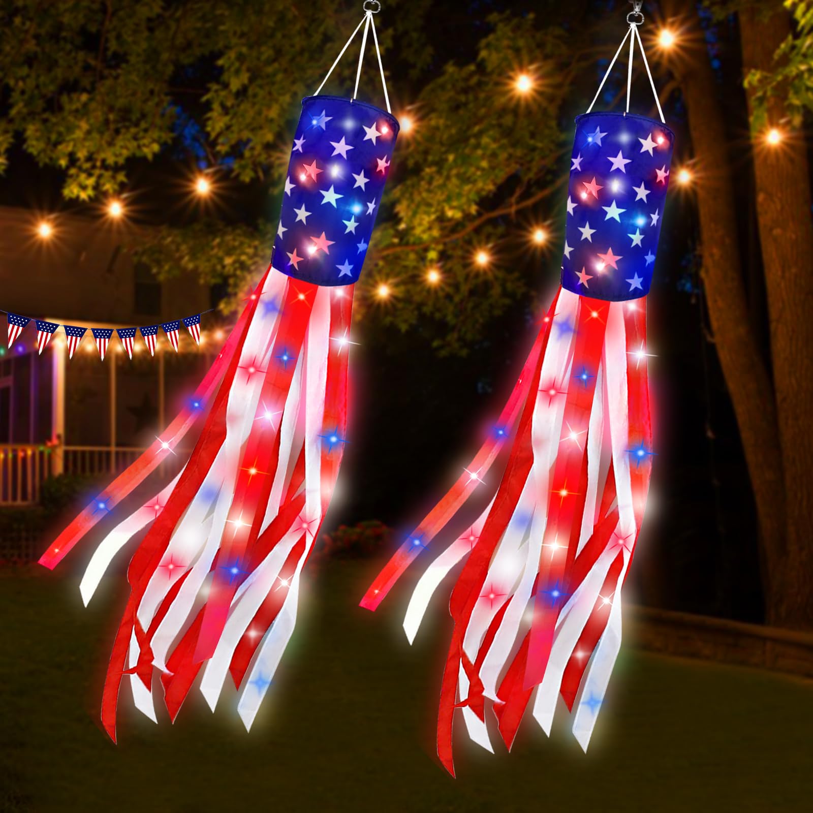 TURNMEON 60-inch USA windsock with red white blue LEDs for porch display