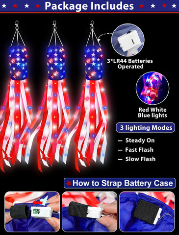 TURNMEON windsock lights in red, white, and blue enhance night visibility.