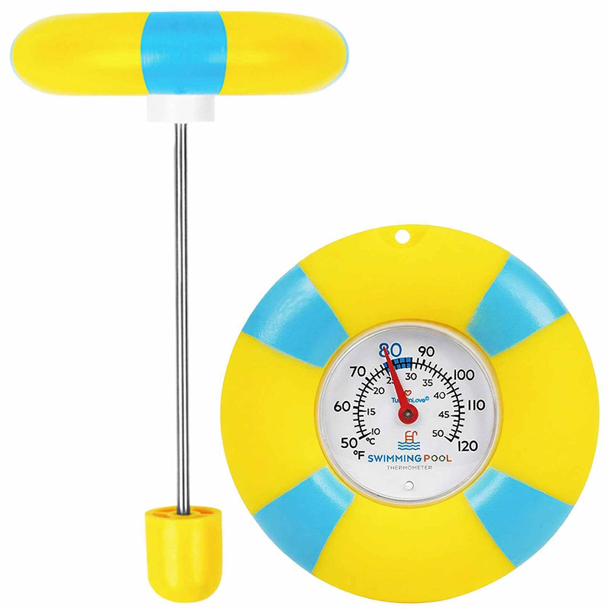 TurnOnLove floating pool thermometer dial shows quick temperature readings for pools.