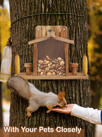 Turosur Squirrel Feeder carbonized wood finish withstands weather.