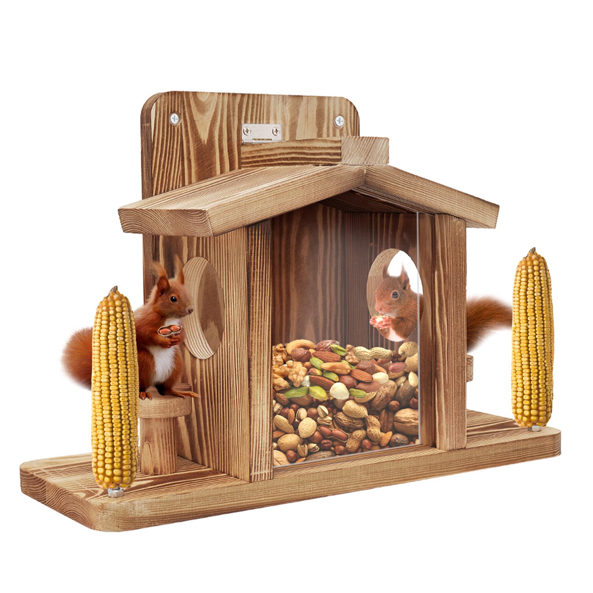 Turosur Squirrel Feeder outdoor picnic table view with two chairs and easy feeding.