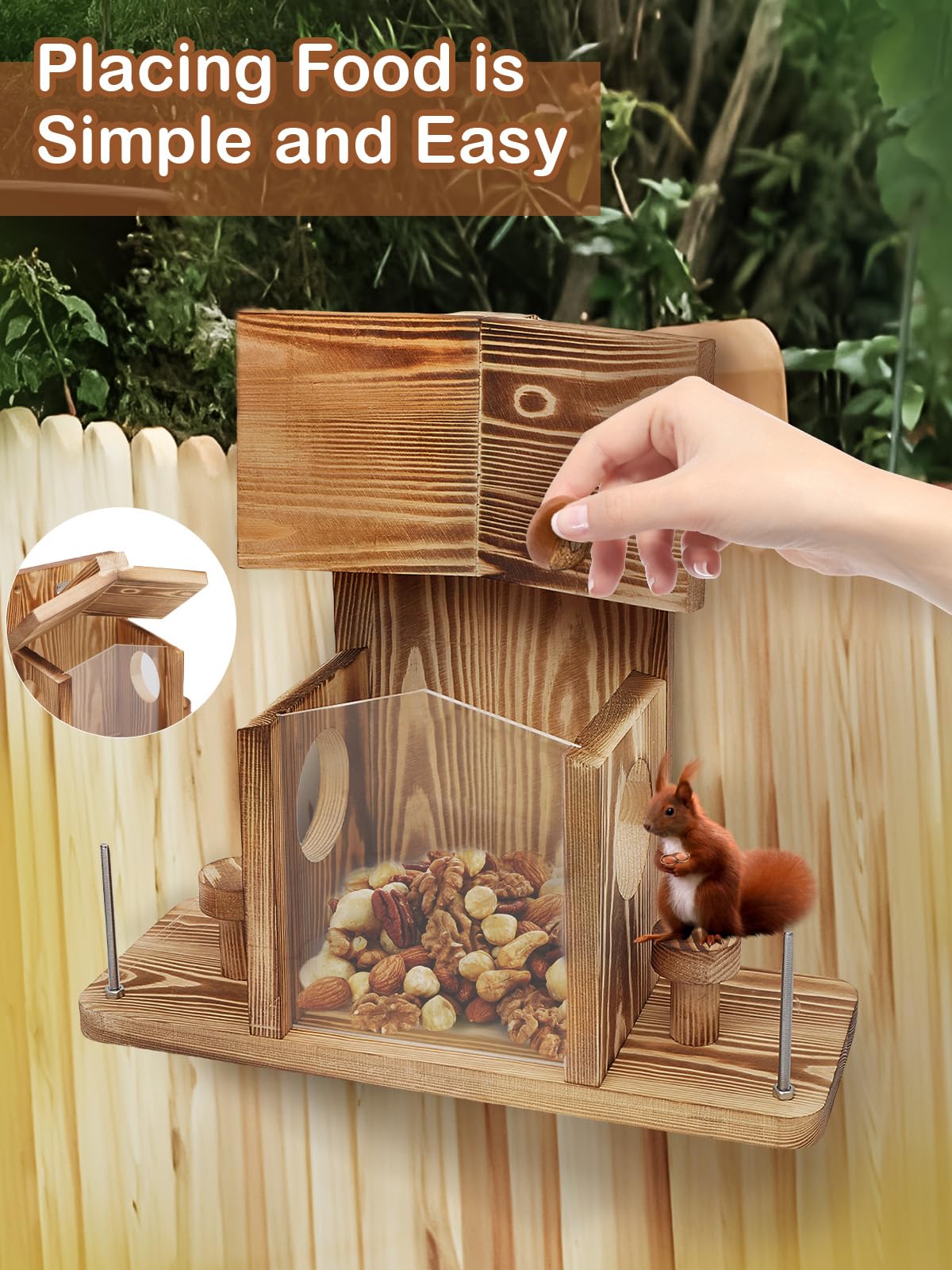 Turosur Squirrel Feeder transparent acrylic panel offers clear food view.
