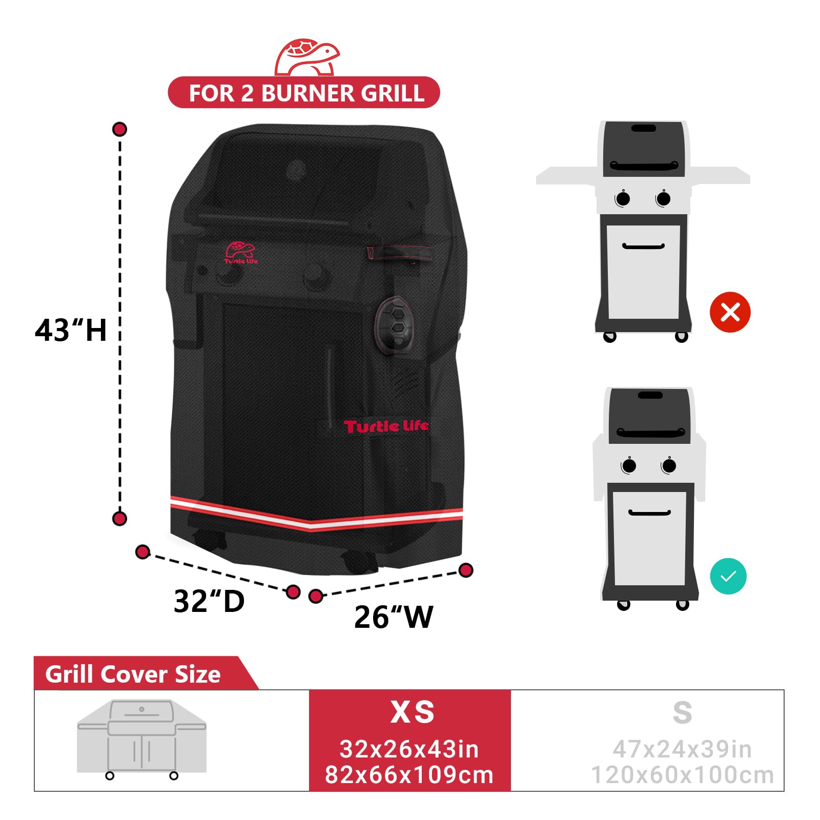 Turtle Life cover in side view highlighting fit for two-burner grills.