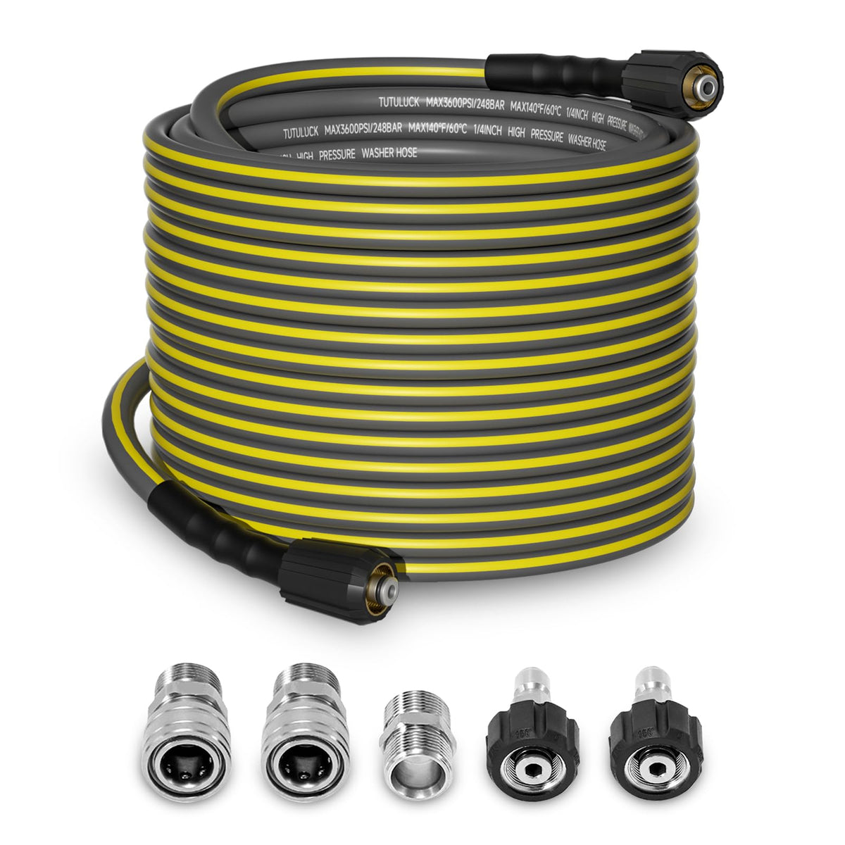 TUTULUCK 100ft pressure washer hose extended for wide-area cleaning.