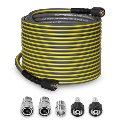 TUTULUCK 100ft pressure washer hose extended for wide-area cleaning.