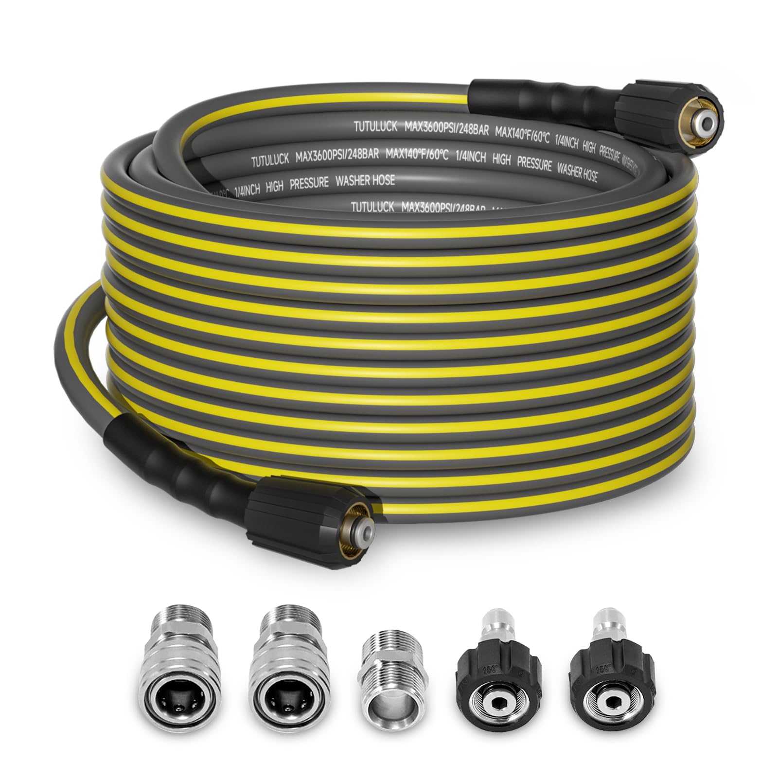TUTULUCK 50ft pressure washer hose extended for reach and efficiency.