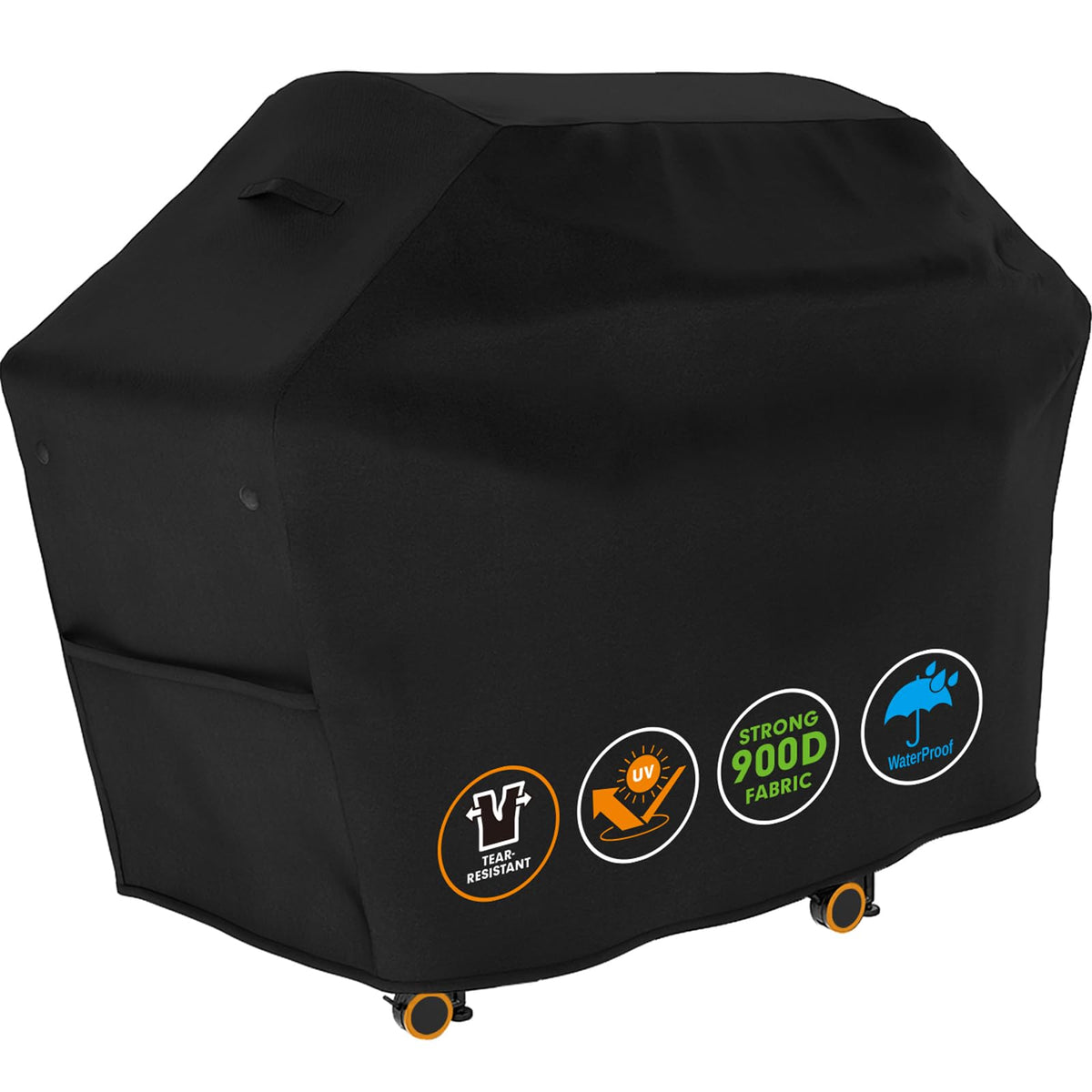 Tuyeho grill cover protects a Weber-style grill from sun and rain (65x30x46 inches).