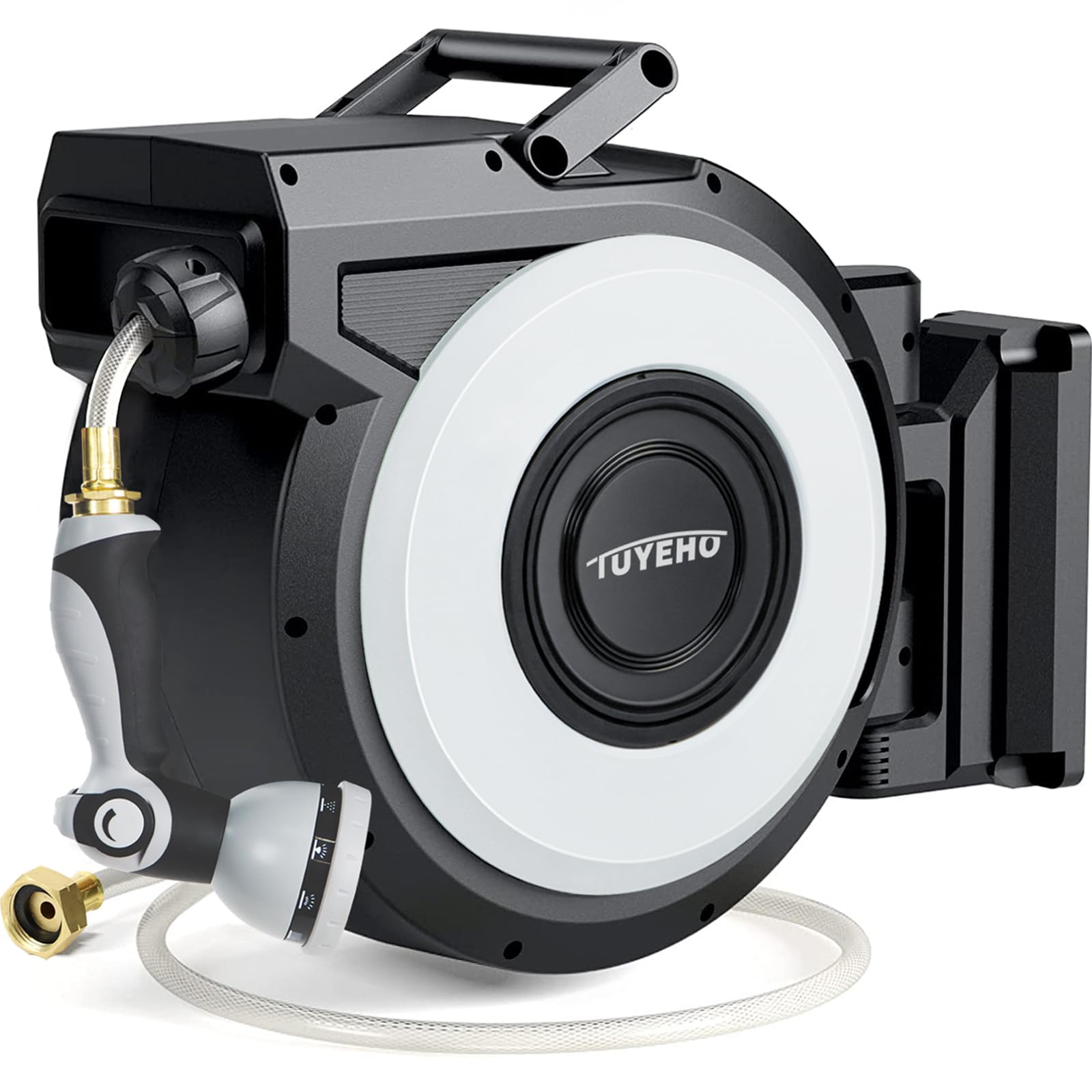 Tuyeho retractable hose reel 100ft on wall for easy outdoor watering.