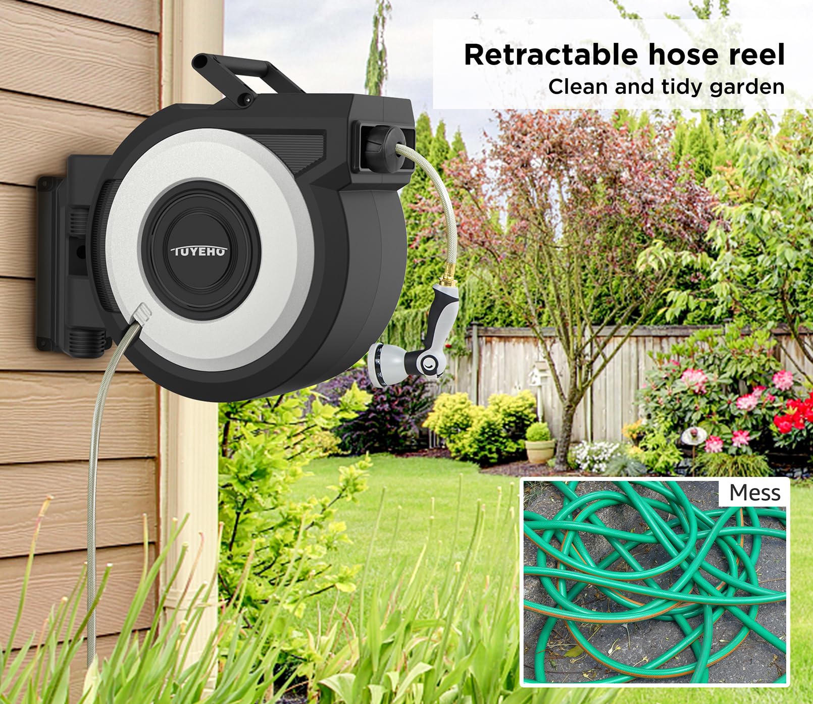 Tuyeho self-locking nozzle with 13 patterns for versatile watering tasks.