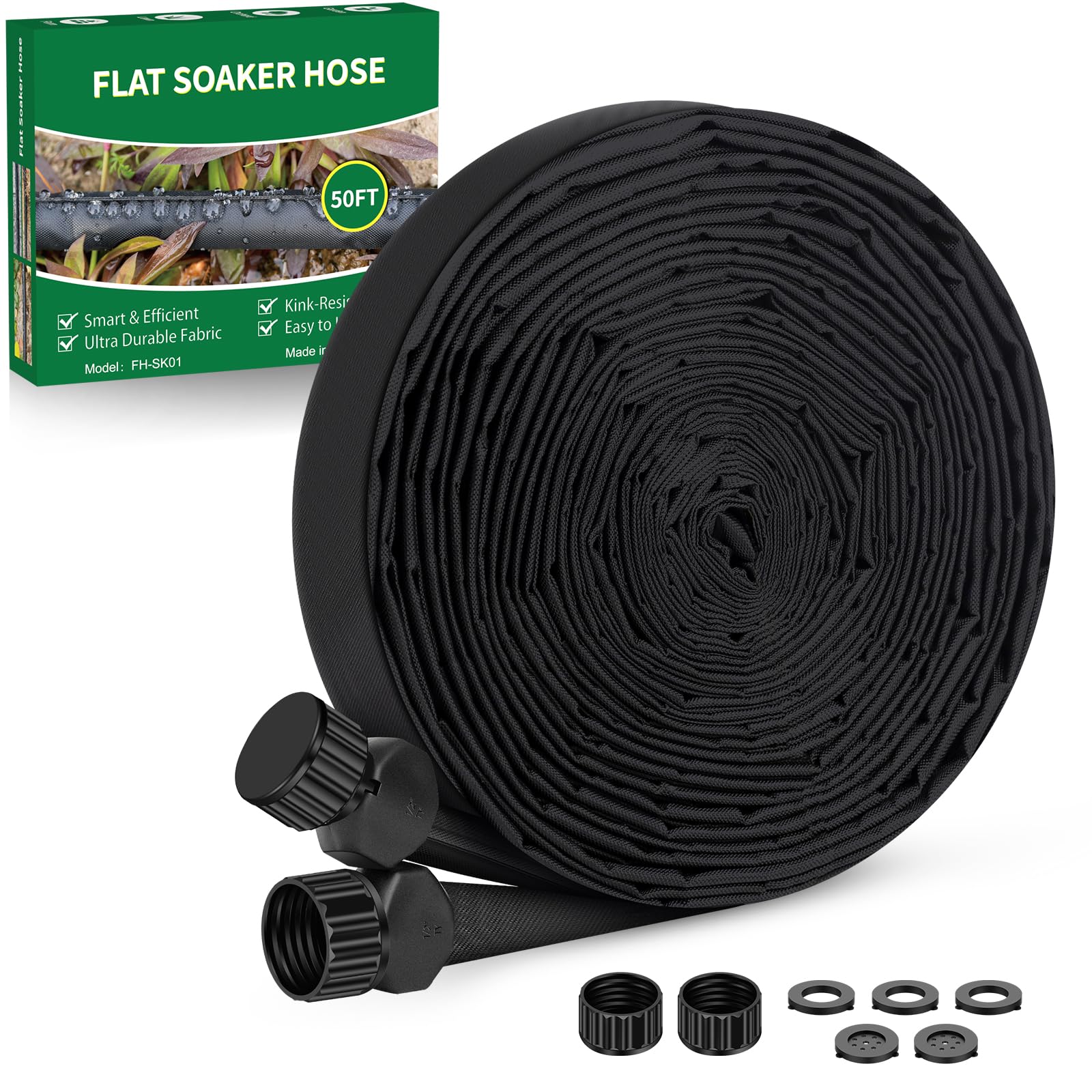Tuzoc Soaker Hose 50ft in flat design delivering even drip irrigation for gardens.