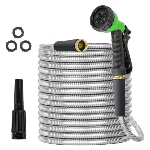 TVKB metal garden hose with steel shell demonstrates durable watering capability.