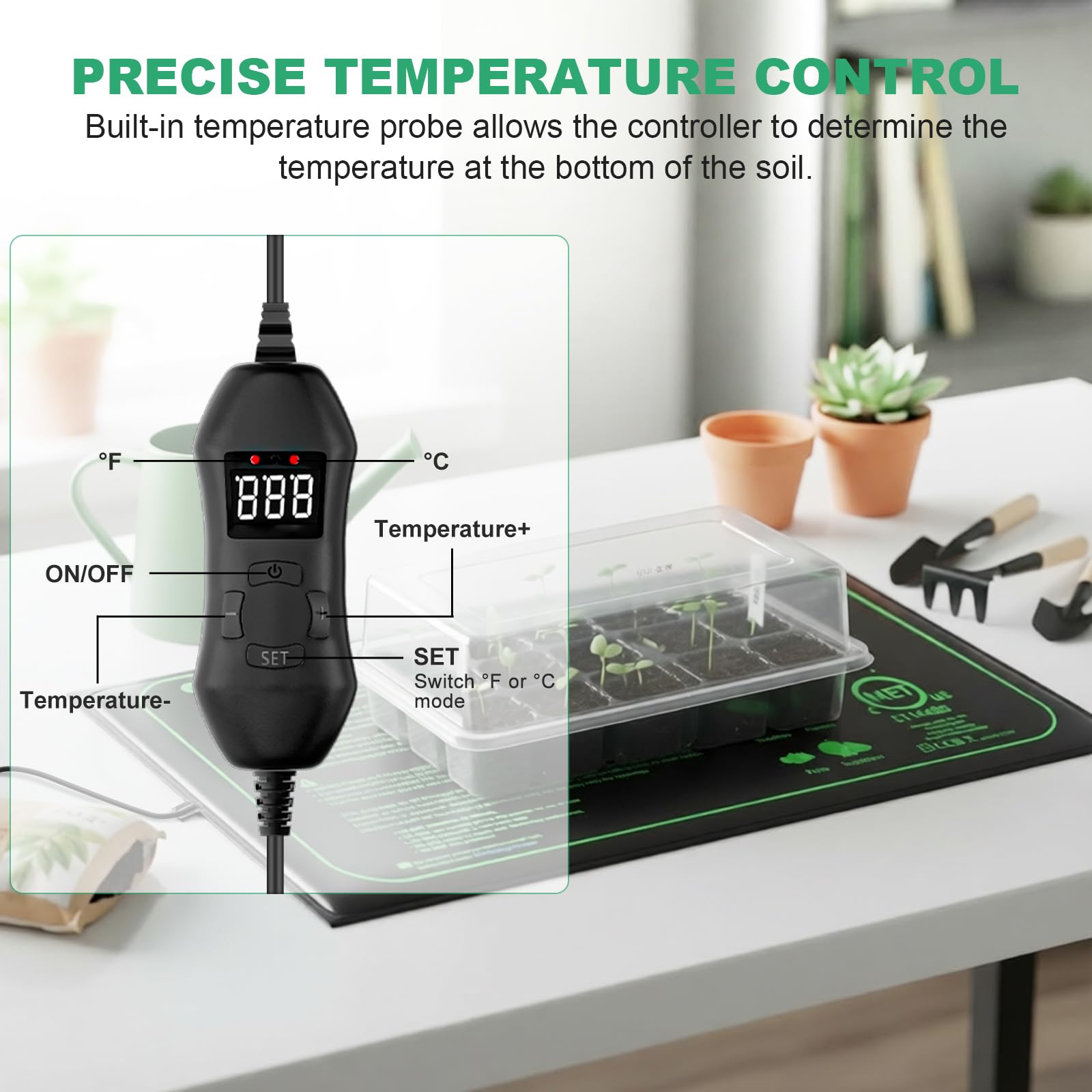 TVTUTPWY heat mat with thermostat and long cord supports flexible tray layouts.