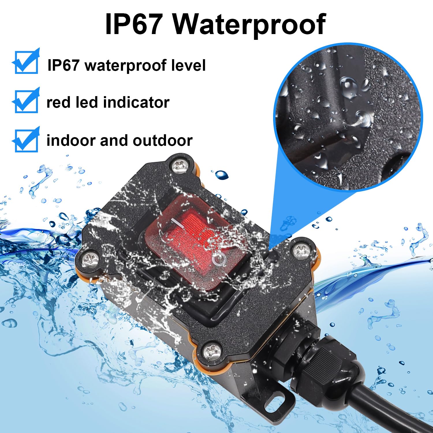 TWTADE IP67 inline switch with red LED indicator for clear status outdoors.