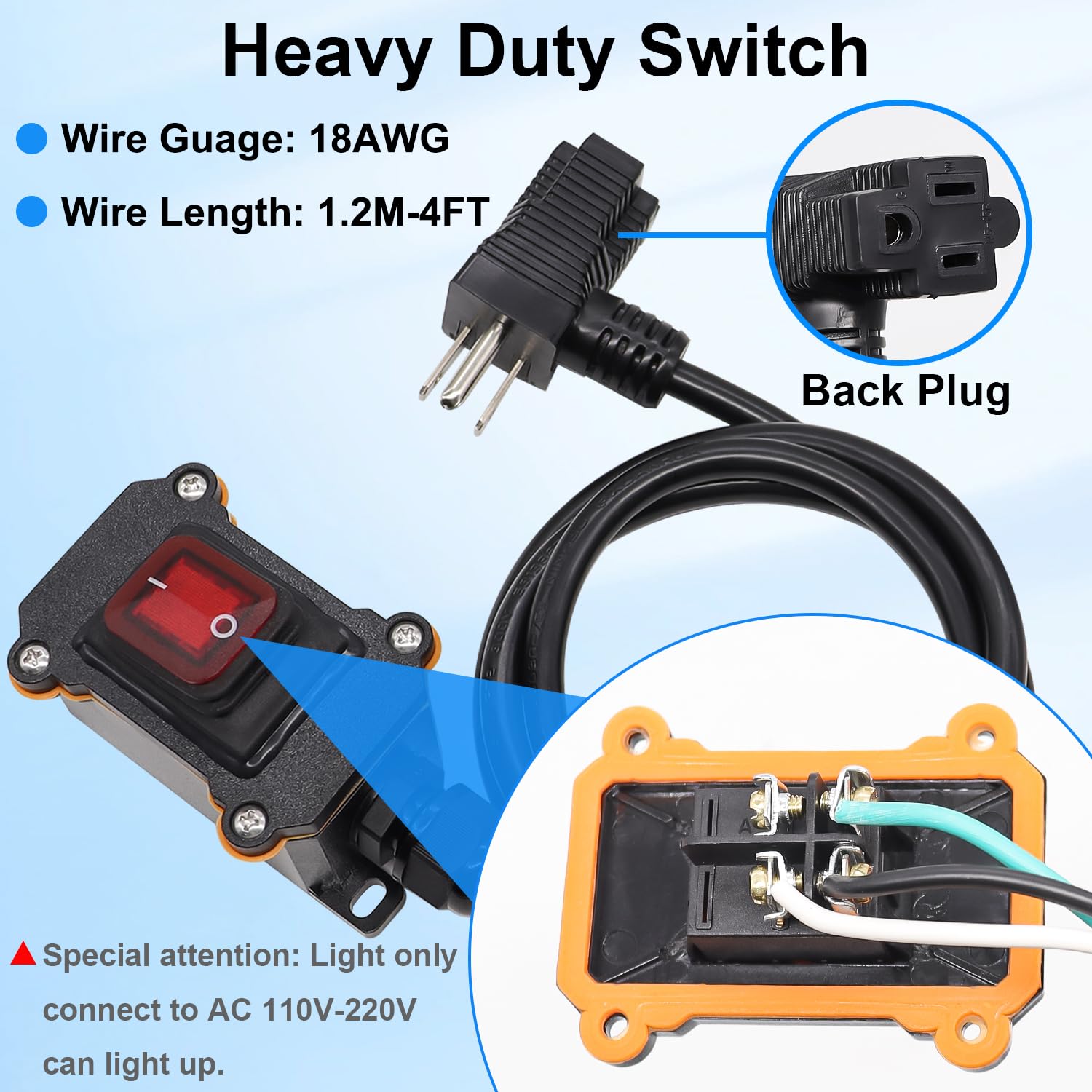 TWTADE IP67 waterproof inline cord switch side angle showing rugged housing.