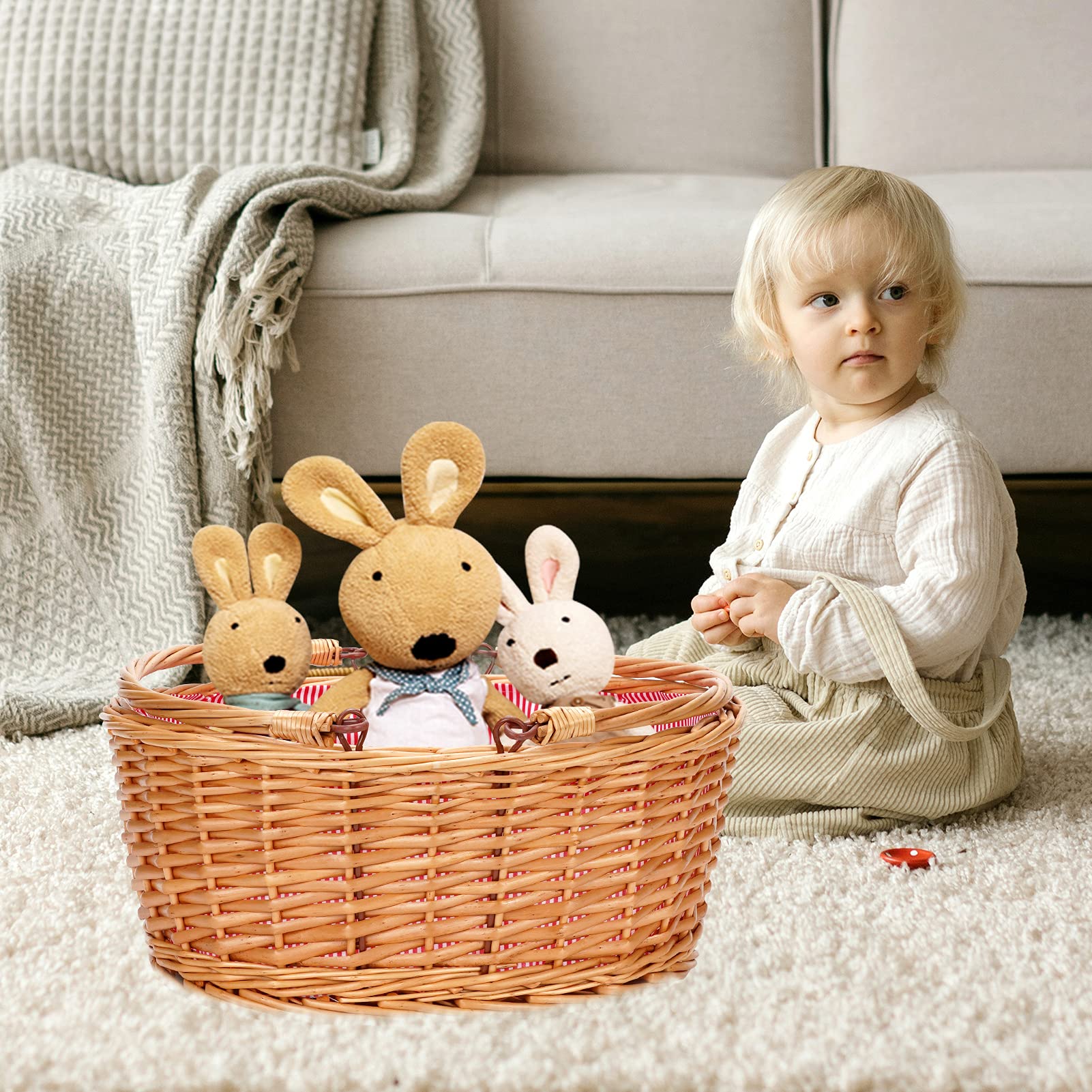 TwentyNext Easter egg storage in the wicker hamper keeps decorations organized.