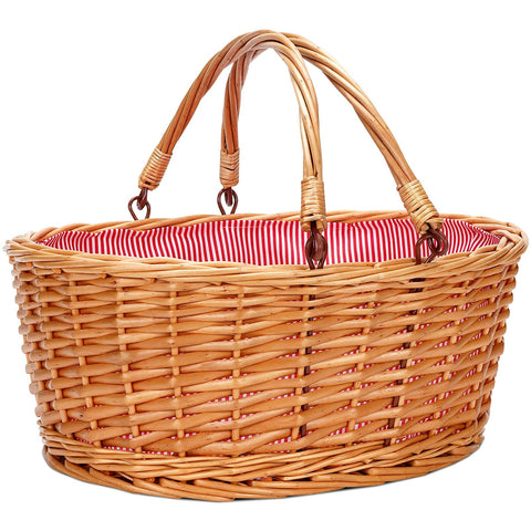 TwentyNext red wicker picnic basket 16inch opened to reveal a roomy interior for meals.