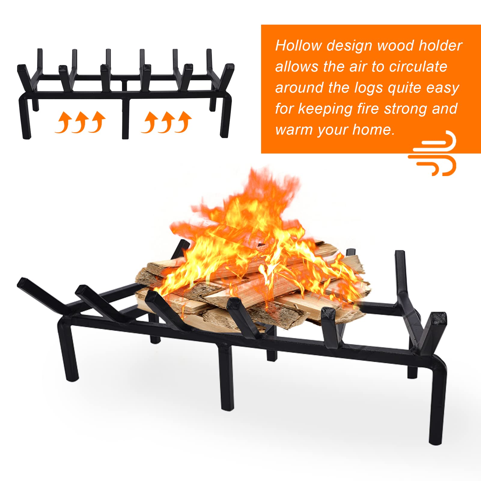 TwentyNext heavy-duty fire grate legs detail highlights 4-inch elevation for better air circulation.