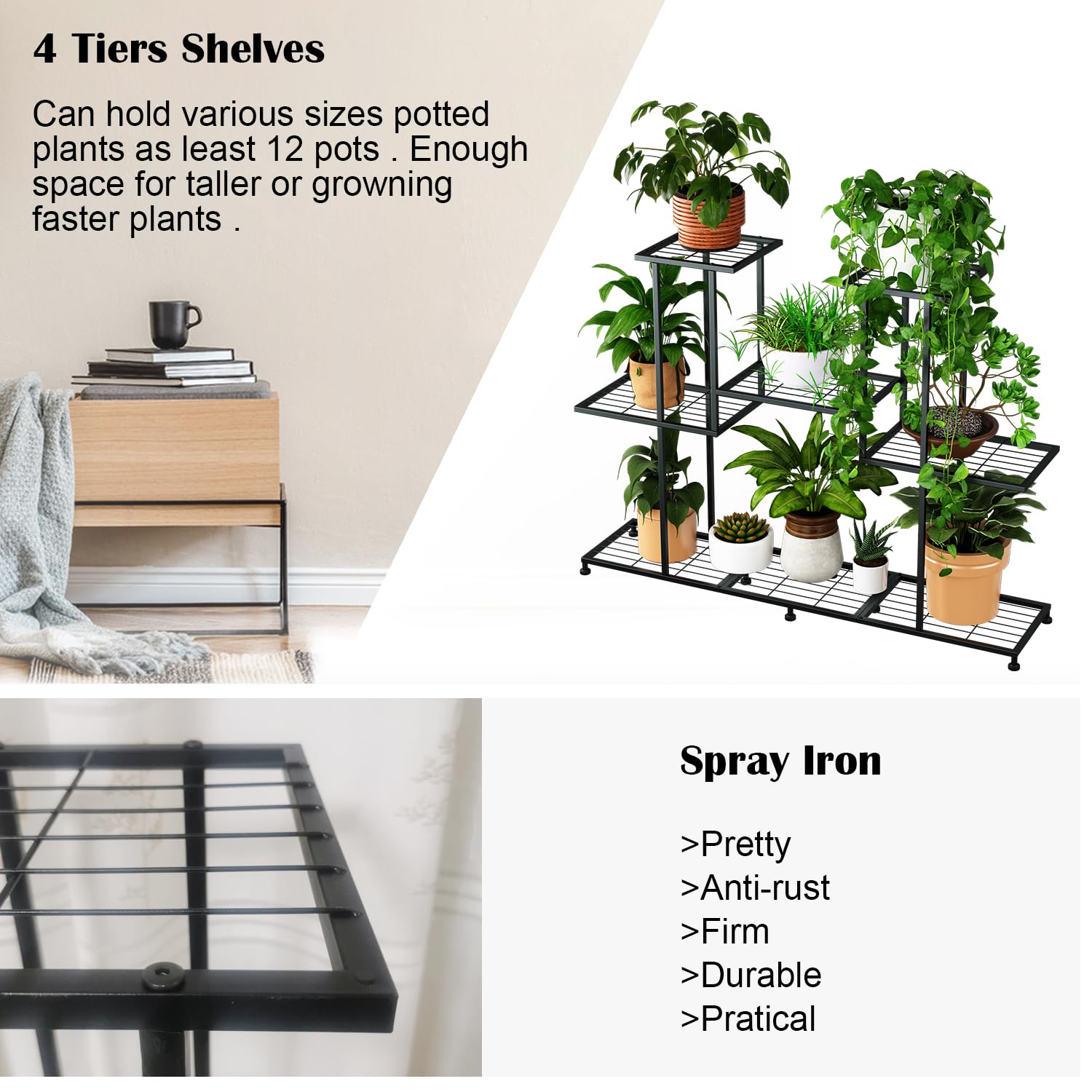 Twhep decorative black plant shelf complements modern decor while supporting greenery.