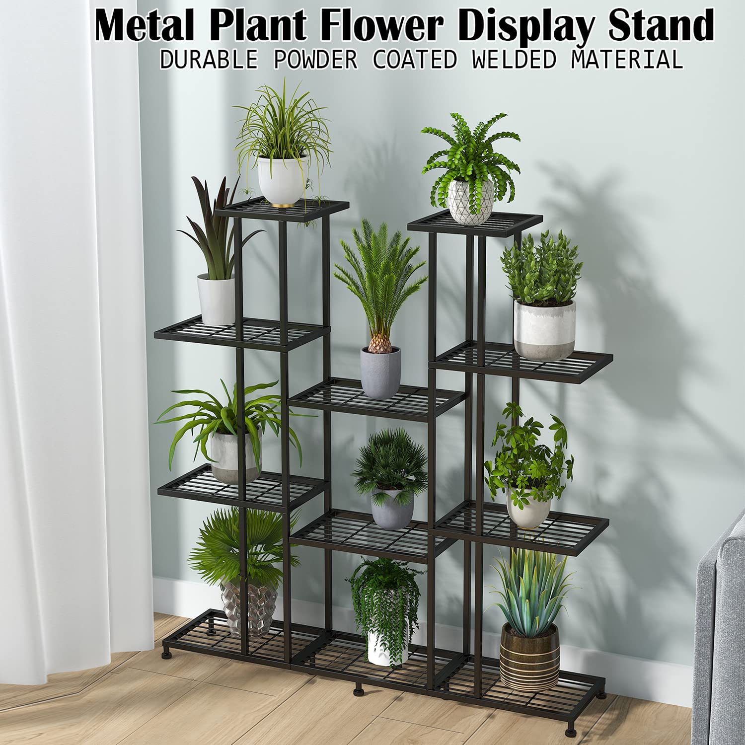 Twhep 9-tier plant stand side view highlighting spacious shelves for multiple pots