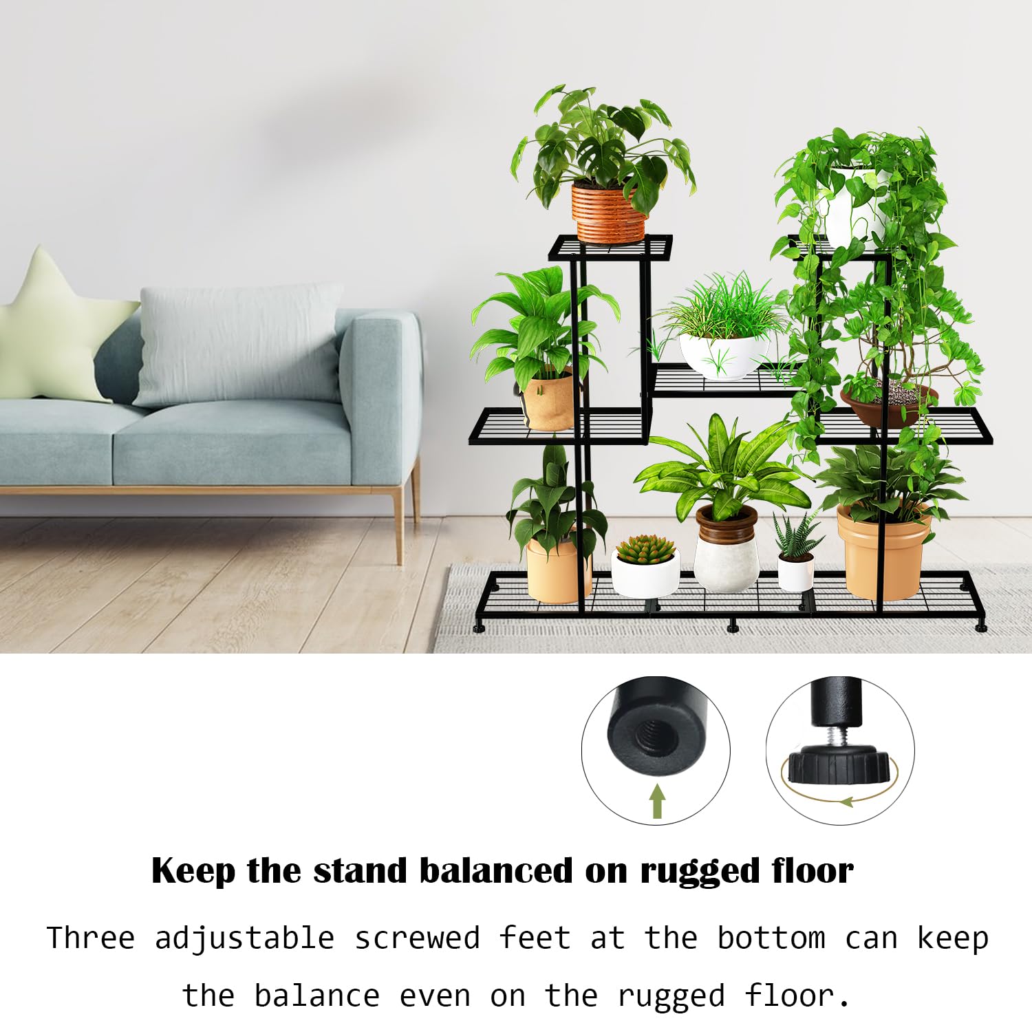 Twhep indoor-outdoor iron plant stand ready for balconies, living rooms, or gardens.