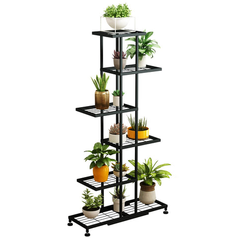 Twhep metal plant stand 6-tier front view displaying twelve pots for sunlit arrangements.