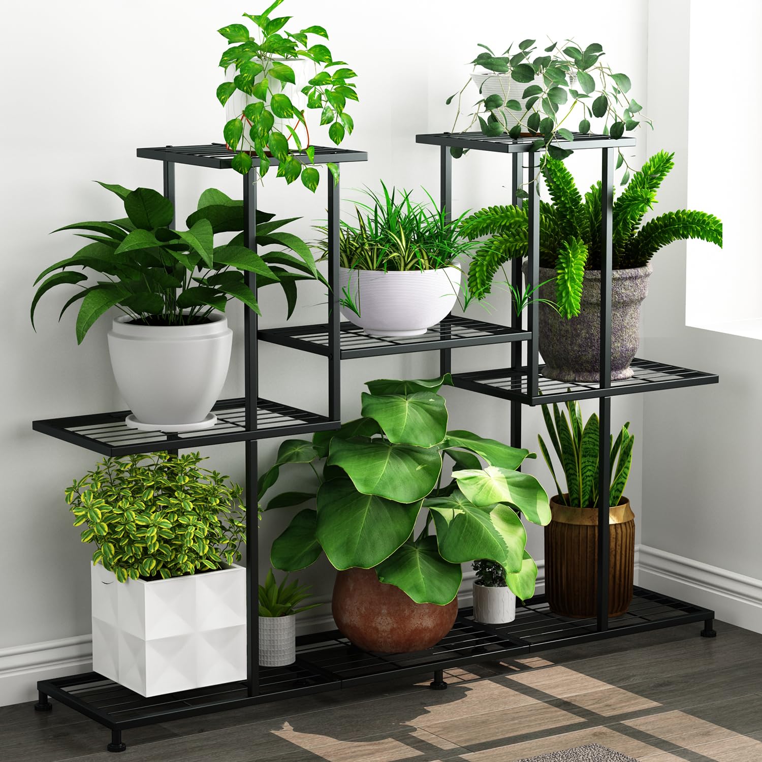 Twhep metal plant stand front view with five-tier design and stable iron base for indoor or outdoor use.