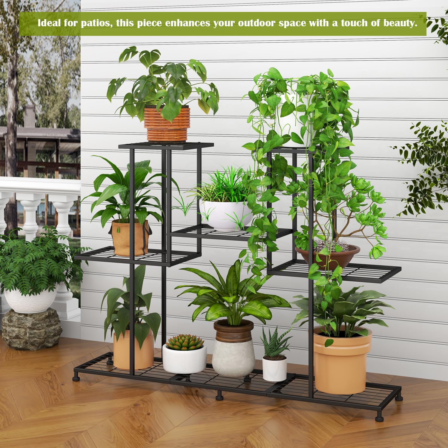 Twhep metal plant stand side view highlights open shelves for easy watering.