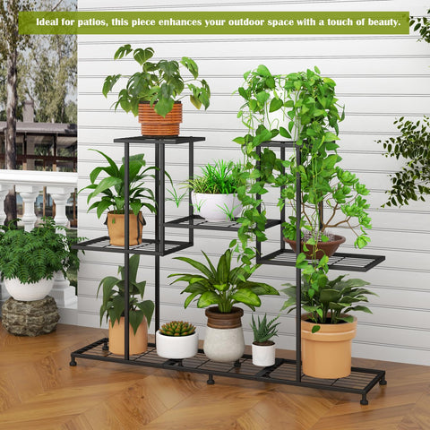 Twhep metal plant stand side view highlights open shelves for easy watering.