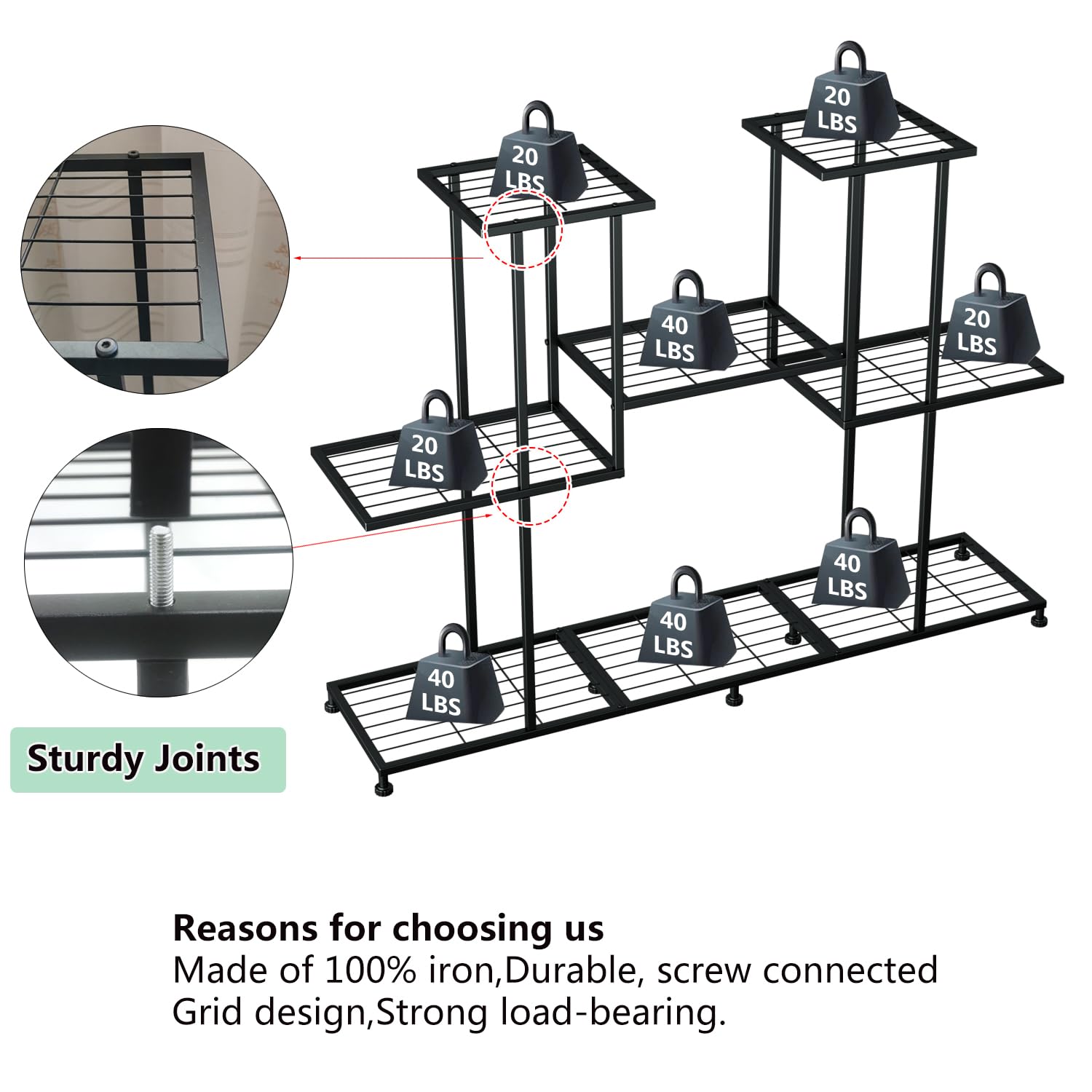 Twhep plant shelf demonstrates capacity to hold up to 12 pots across multiple levels.