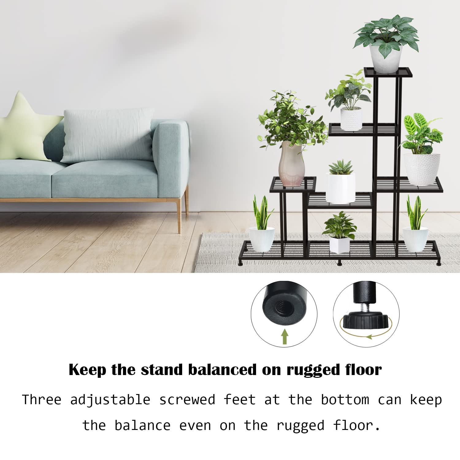 Twhep sturdy iron frame supports up to twelve pots securely