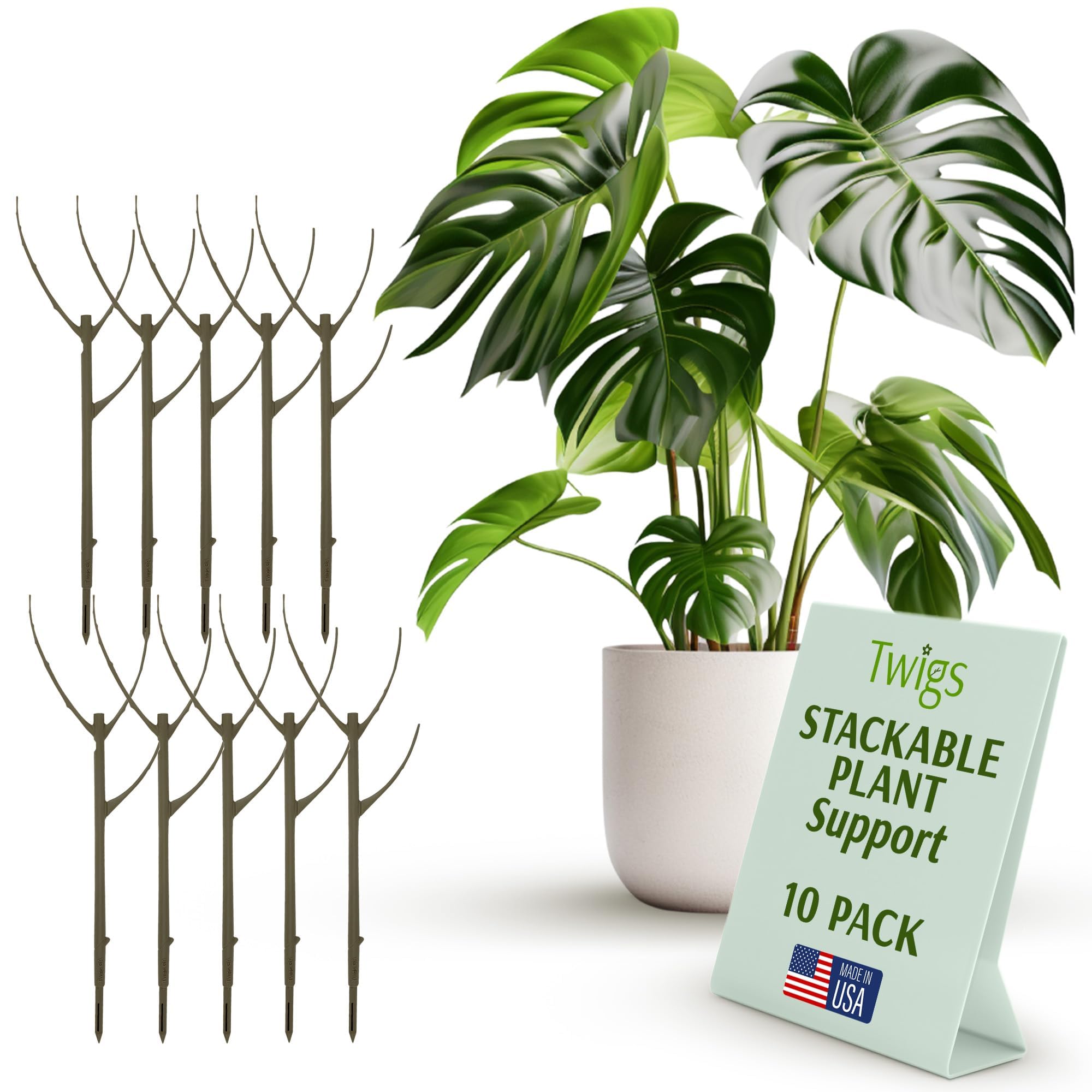 Twigs GA Moonstone stackable stake in soil supports a potted plant