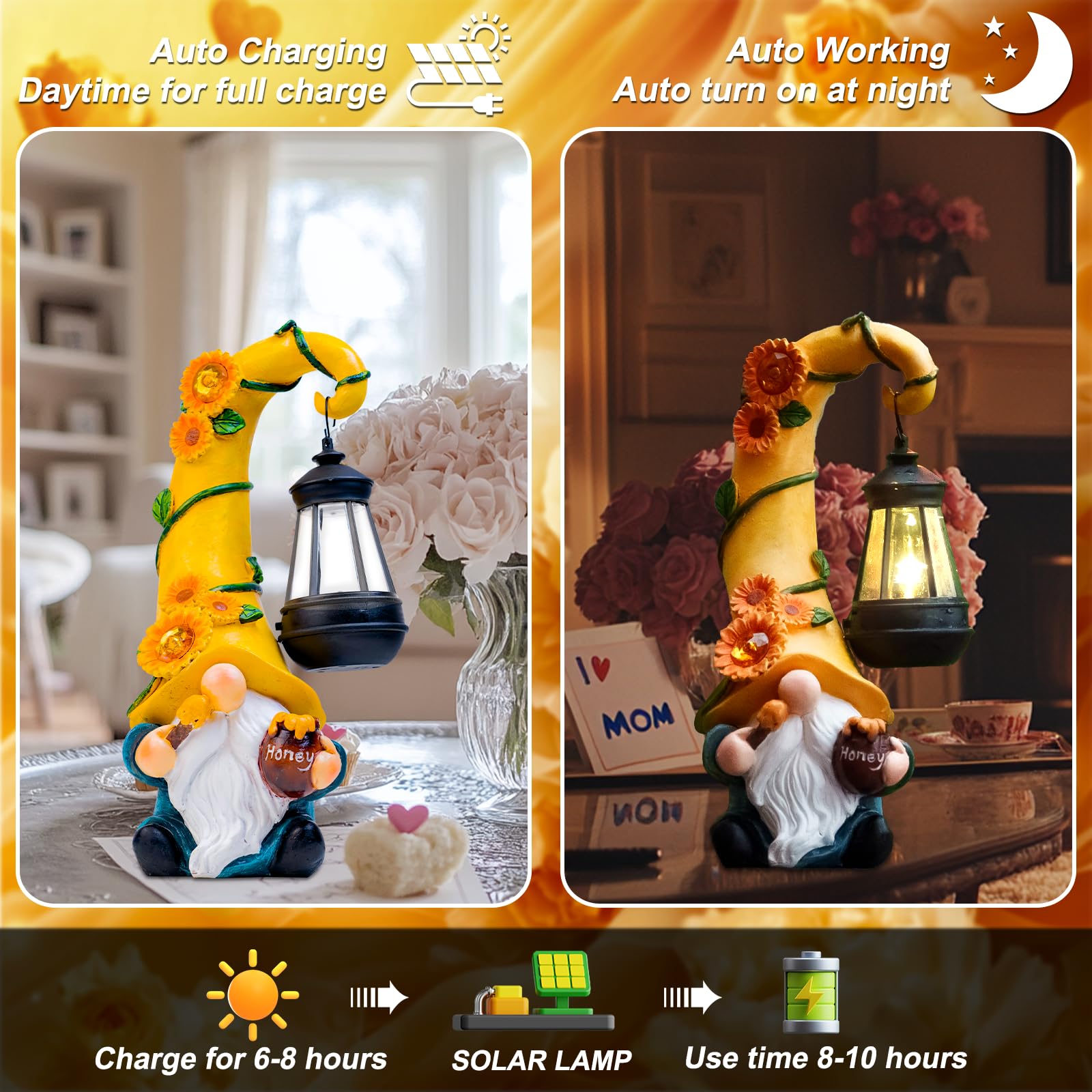 Twinbling gnome lantern lit at night adds warm garden ambiance and charm.