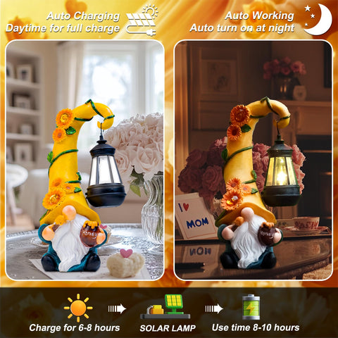 Twinbling gnome lantern lit at night adds warm garden ambiance and charm.