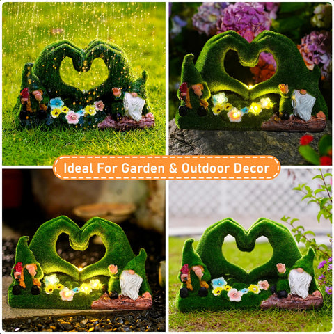 Twinbling greenery and blooms surround the gnomes for lush ambiance