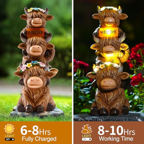 Twinbling Highland Cow statue with flower decoration enhances garden charm