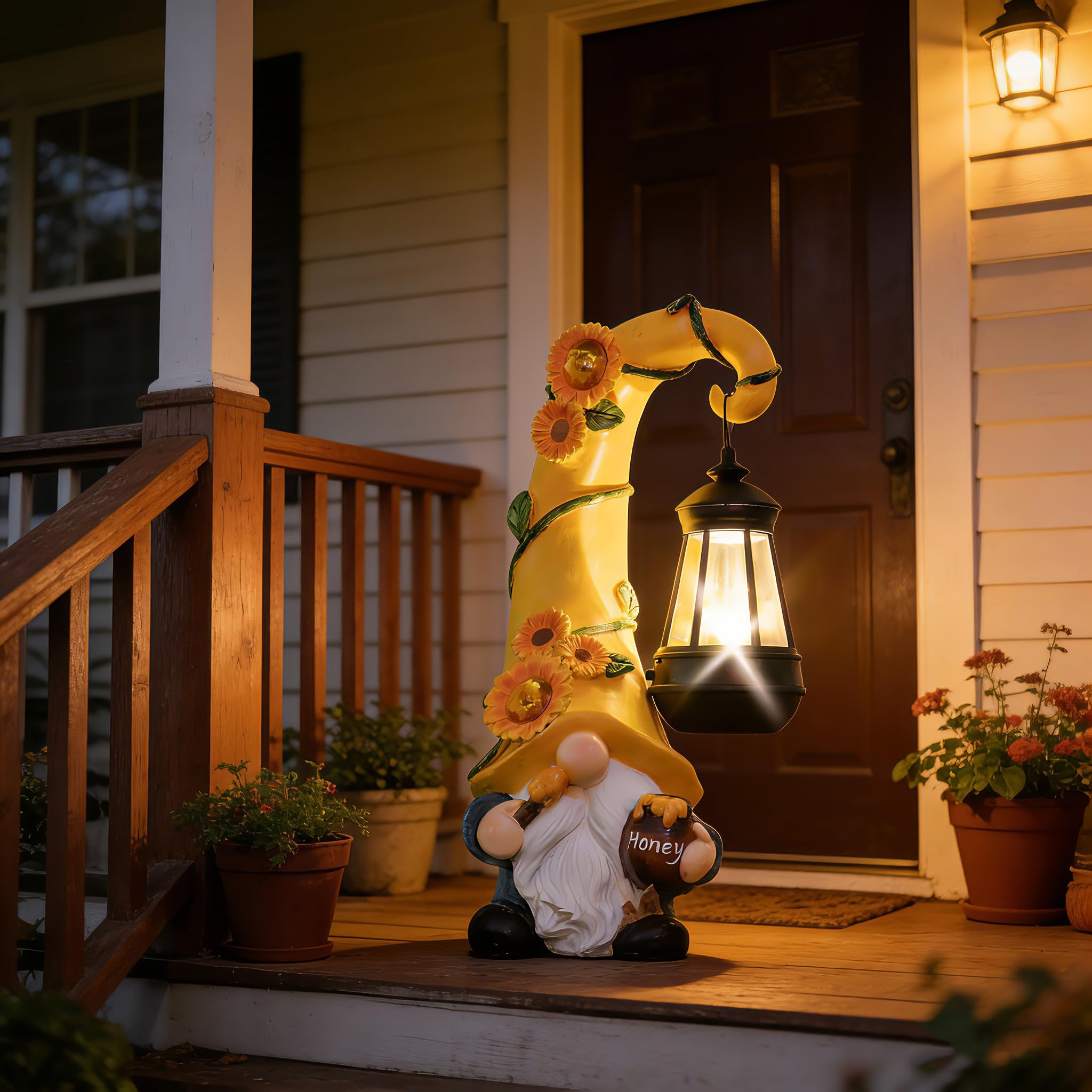Twinbling patio lawn gnome setup blends with any garden design and theme.