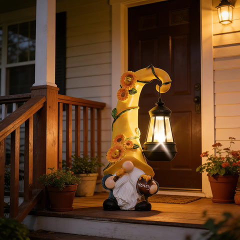 Twinbling patio lawn gnome setup blends with any garden design and theme.