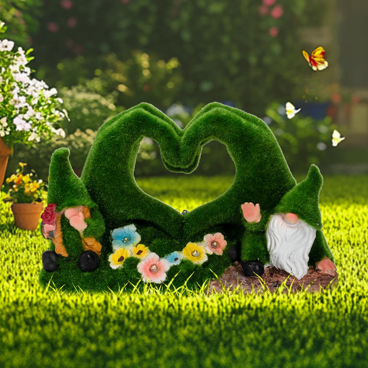 Twinbling heart-shaped moss gnome statue adds festive outdoor charm