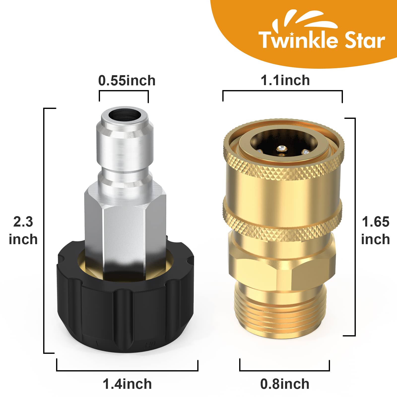 Twinkle Star brass construction ensures long-lasting pressure washer connections.