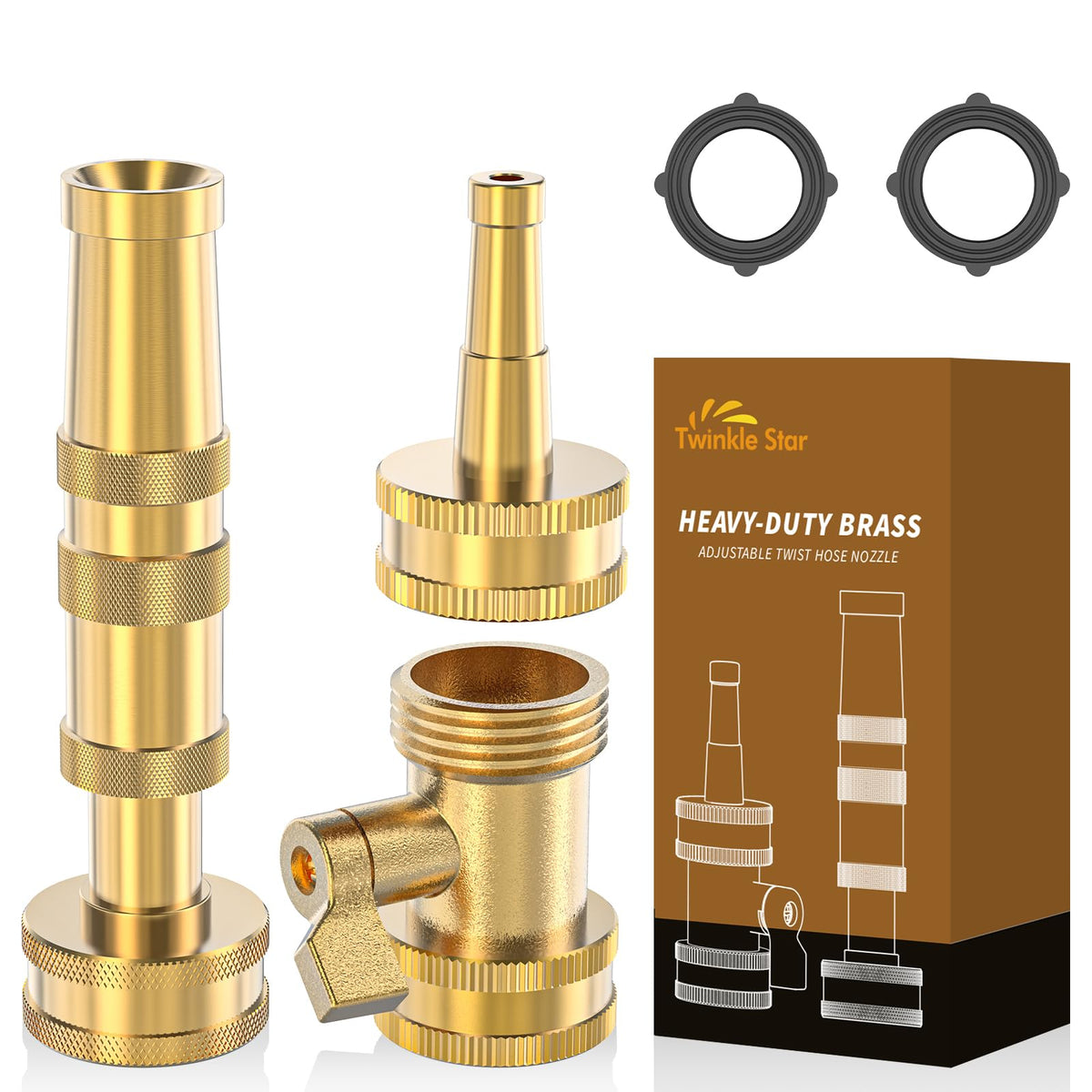 Twinkle Star brass hose nozzle with adjustable twist for versatile watering