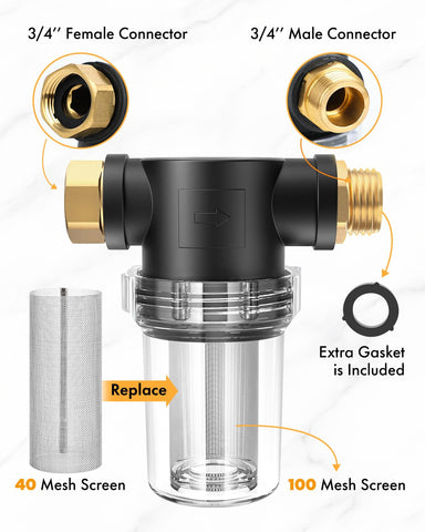 Twinkle Star inline hose filter featuring 40 mesh screen for fine filtration.