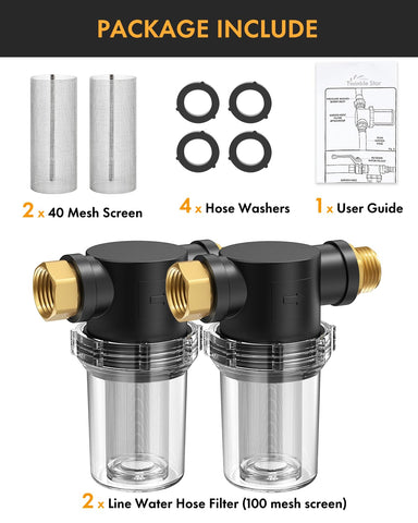 Twinkle Star inline filter at pressure washer inlet helps protect equipment.