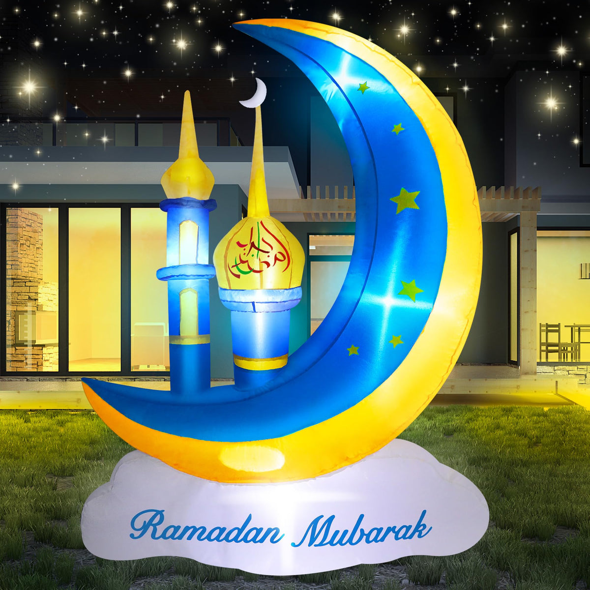 TwoBees 5FT Ramadan inflatable crescent moon lights the yard at night.