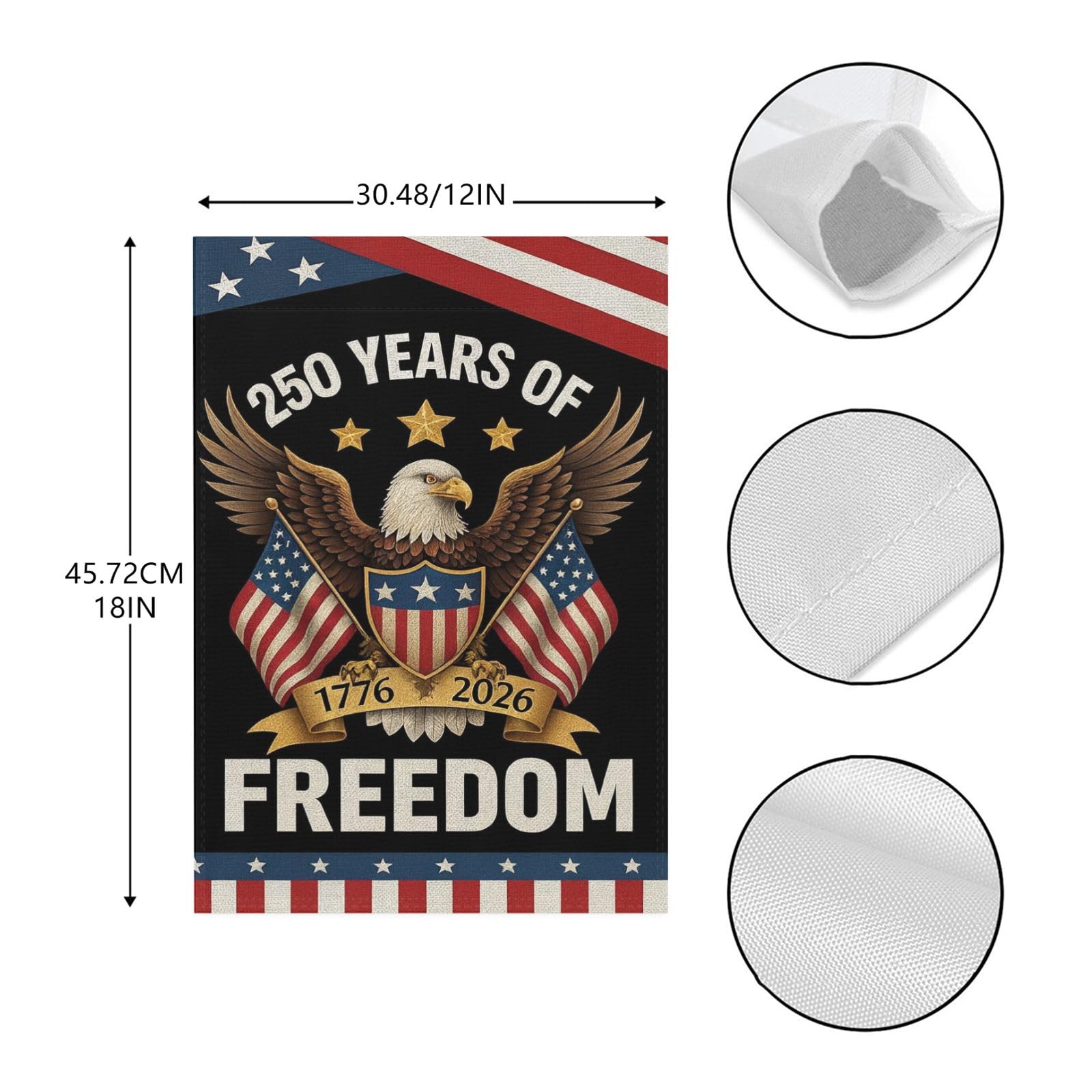 Two-sided 250th Anniversary US flag design with banners and stars.