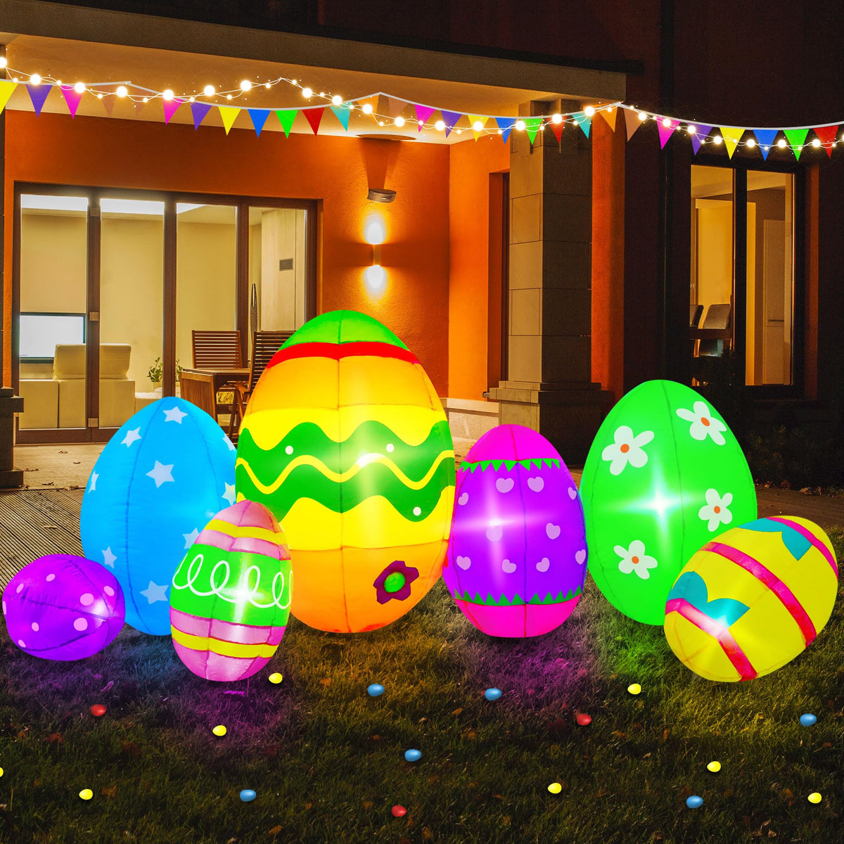 TwoBees 7ft Easter eggs inflatable with bright LED lights for yard visibility.